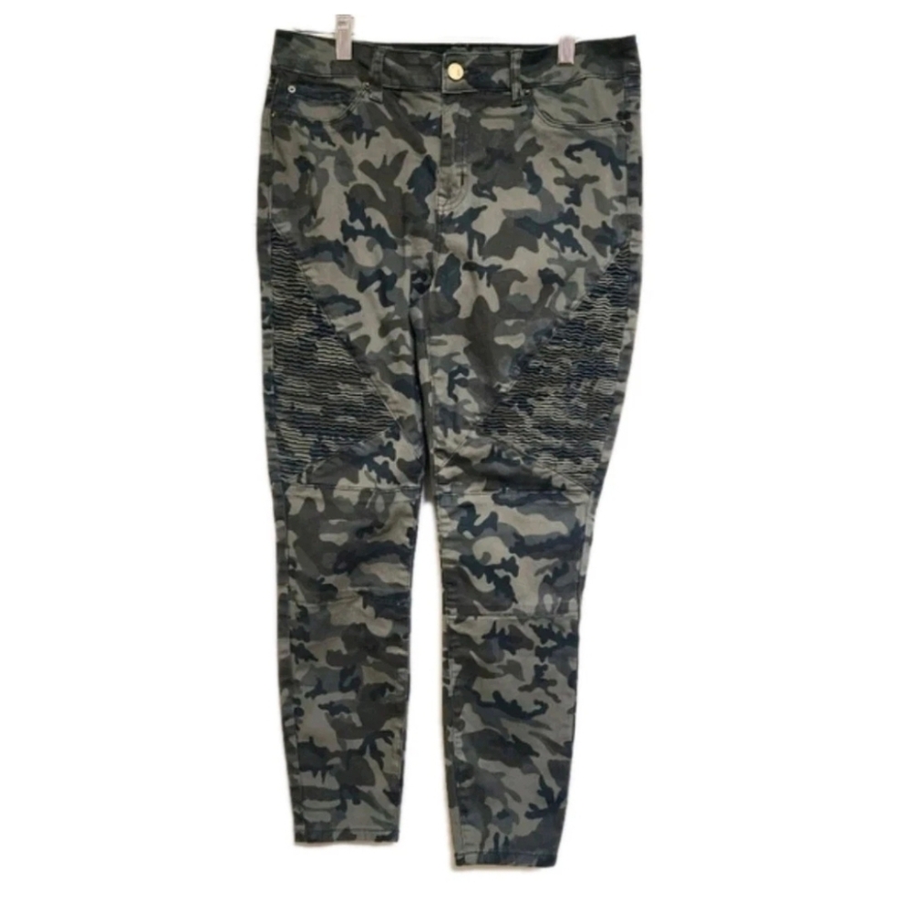 ASHLEY MASON Camo Print Stretch Moto Skinny Jeans size 11/30 Green Brown